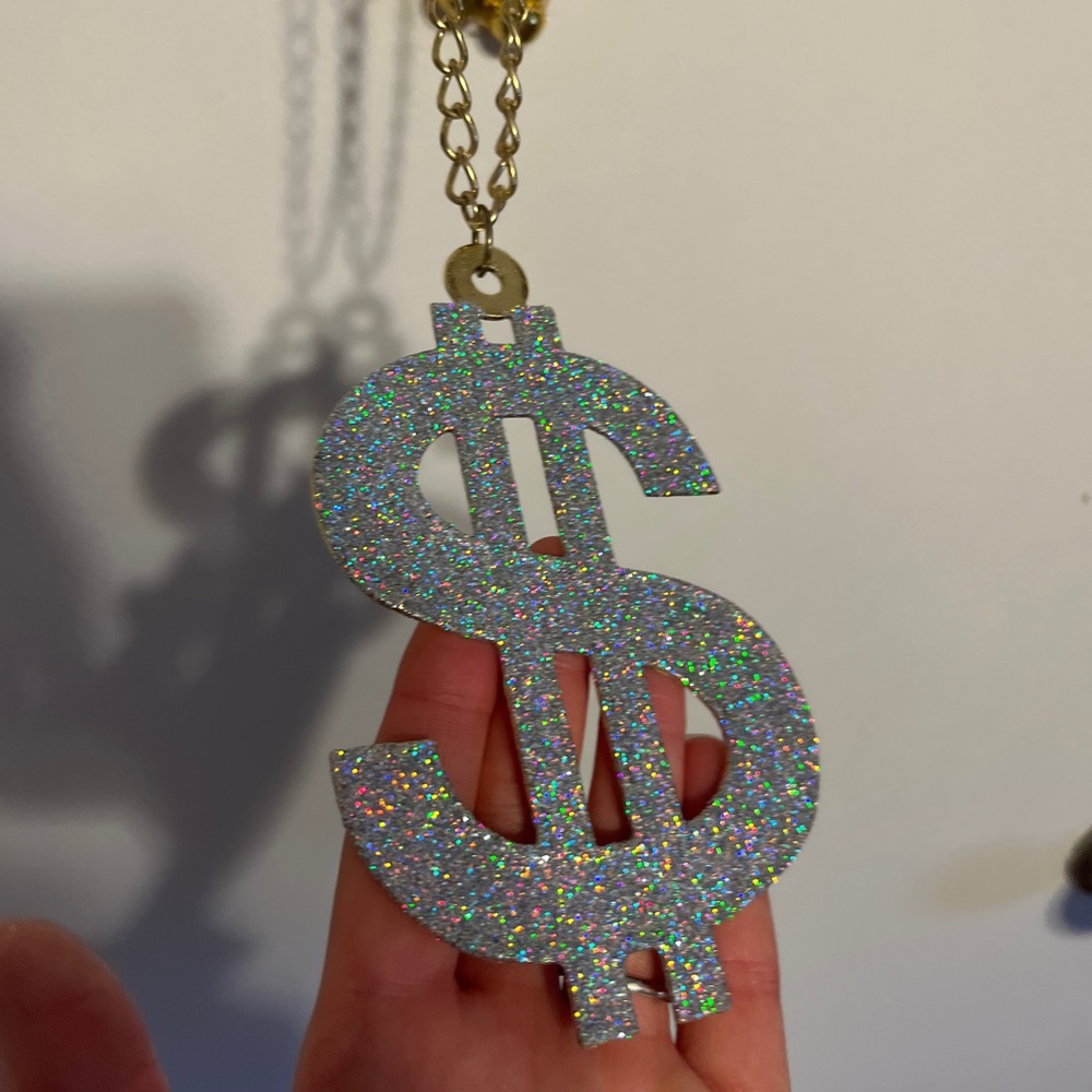 Costume Dollar Sign Metal Cut Out Necklace large bling gold beads and silver